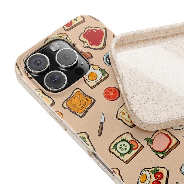 Eco-friendly phone case with colorful toast design, flexible and durable, compatible with many iPhone and Samsung models.