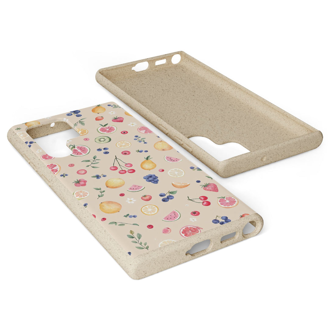Eco-friendly Samsung case with vibrant fruit garden design, made from PLA and bamboo fibre. Perfect for nature lovers and summer.