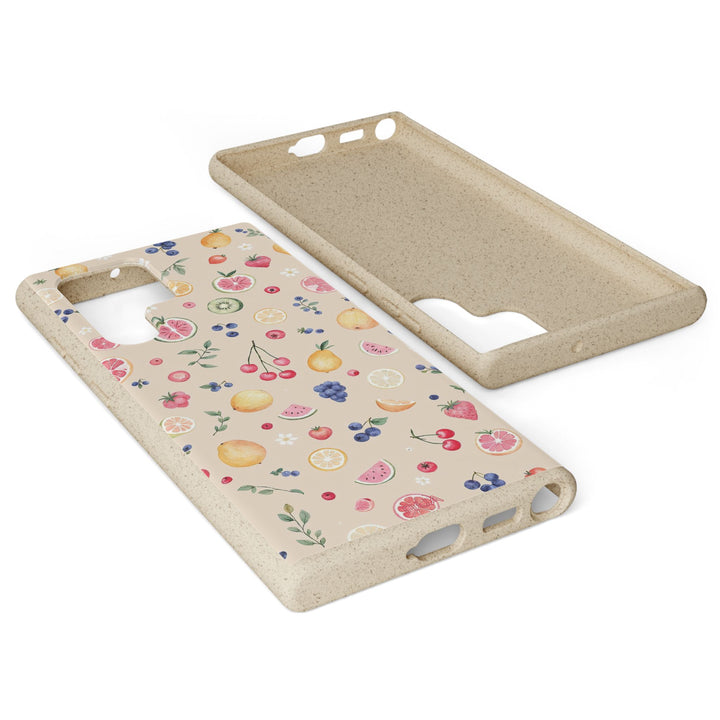 Eco-friendly Samsung case with vibrant fruit garden design, made from PLA and bamboo fibre. Perfect for nature lovers and summer.