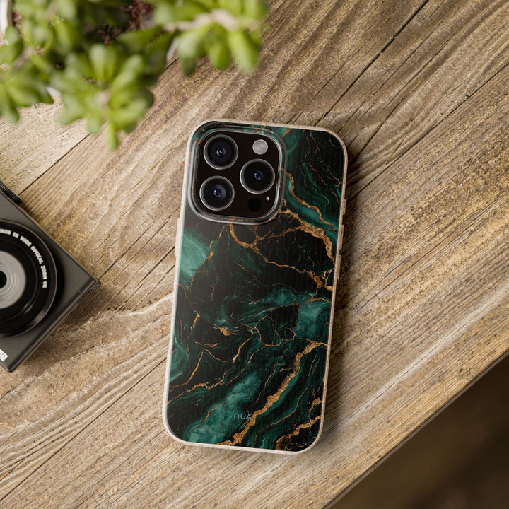 Lux Green Marble Phone Case on wood table, eco-friendly PLA and bamboo, fits many iPhone and Samsung models, stylish and durable.