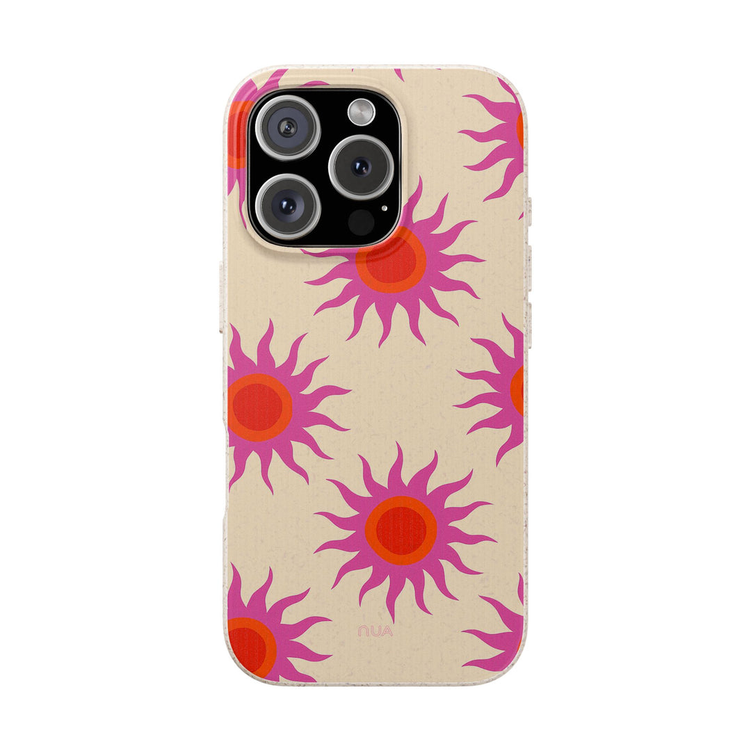 Eco-friendly Solar Pop iPhone cover with retro sunburst design in vibrant pink and red, compatible with many iPhone and Samsung models.