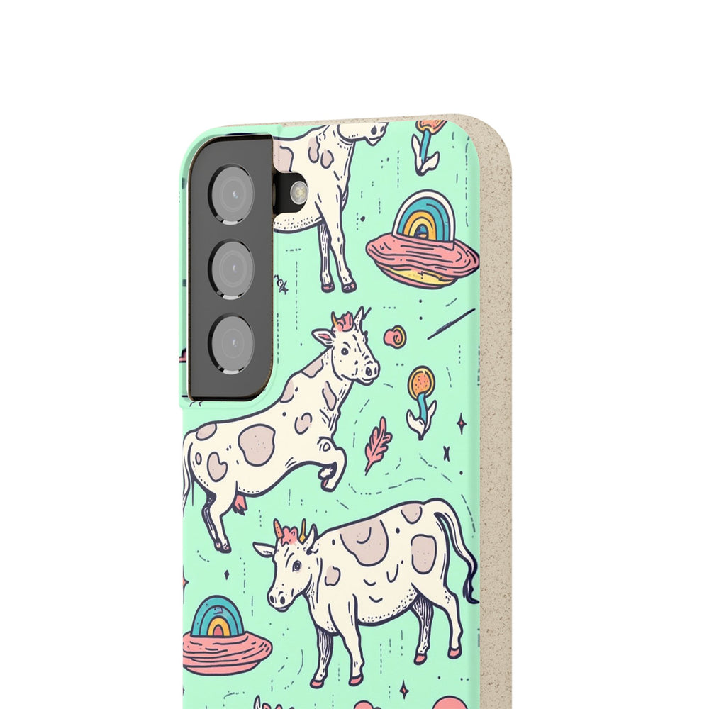 Eco-friendly Samsung case with whimsical cow and rainbow design, durable and suitable for many models. Perfect for sustainable style lovers.