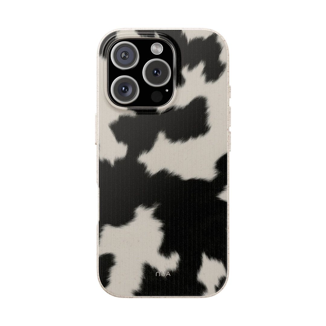 Eco-friendly iPhone case in stylish cow print, biodegradable and durable, fits many iPhone and Samsung models for a green lifestyle.