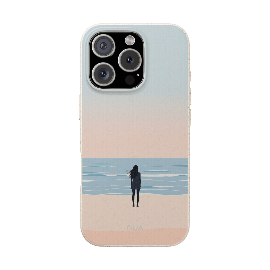 Eco-friendly phone case with ocean vibes design, featuring a serene beach scene. Durable and compatible with many iPhone and Samsung models.