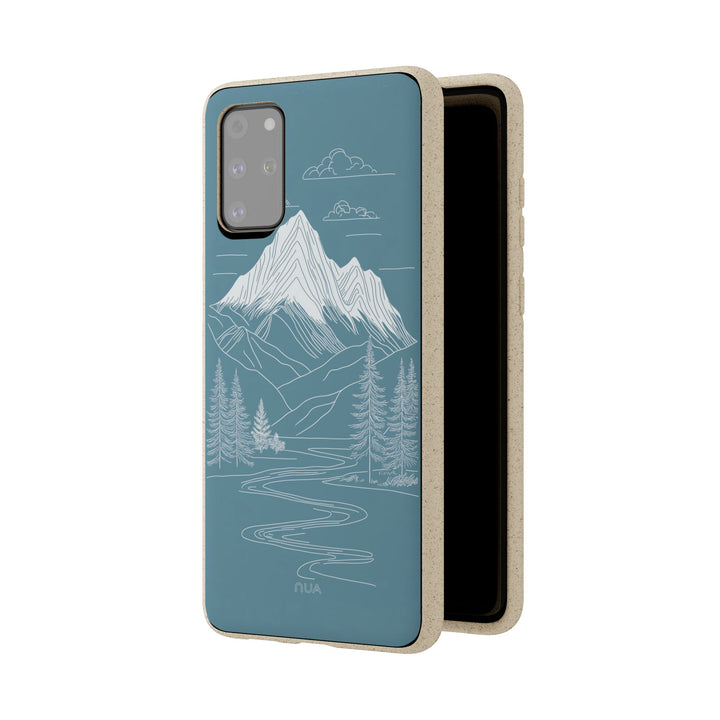 Eco-friendly Samsung case with minimalist white mountain line art on blue, perfect for nature lovers seeking a durable, stylish accessory.