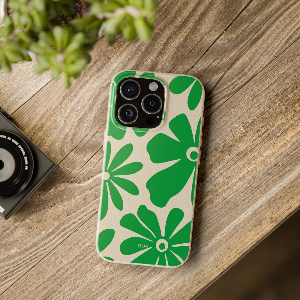 Eco-friendly retro floral iPhone case with green blooms on beige, perfect for many models. Durable and stylish for everyday use.