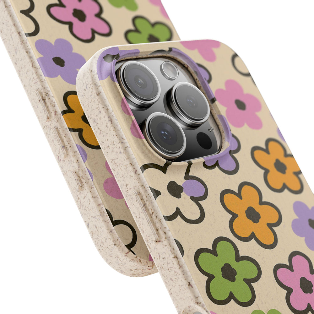 Doodle Bloom Delight eco-friendly iPhone case with vibrant floral design, fits many iPhone and Samsung models, durable and sustainable.
