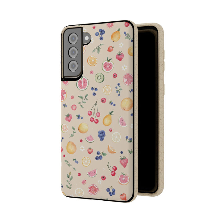 Eco-friendly Samsung case with vibrant fruit design, made of PLA and bamboo fibre. Durable and stylish for nature lovers.