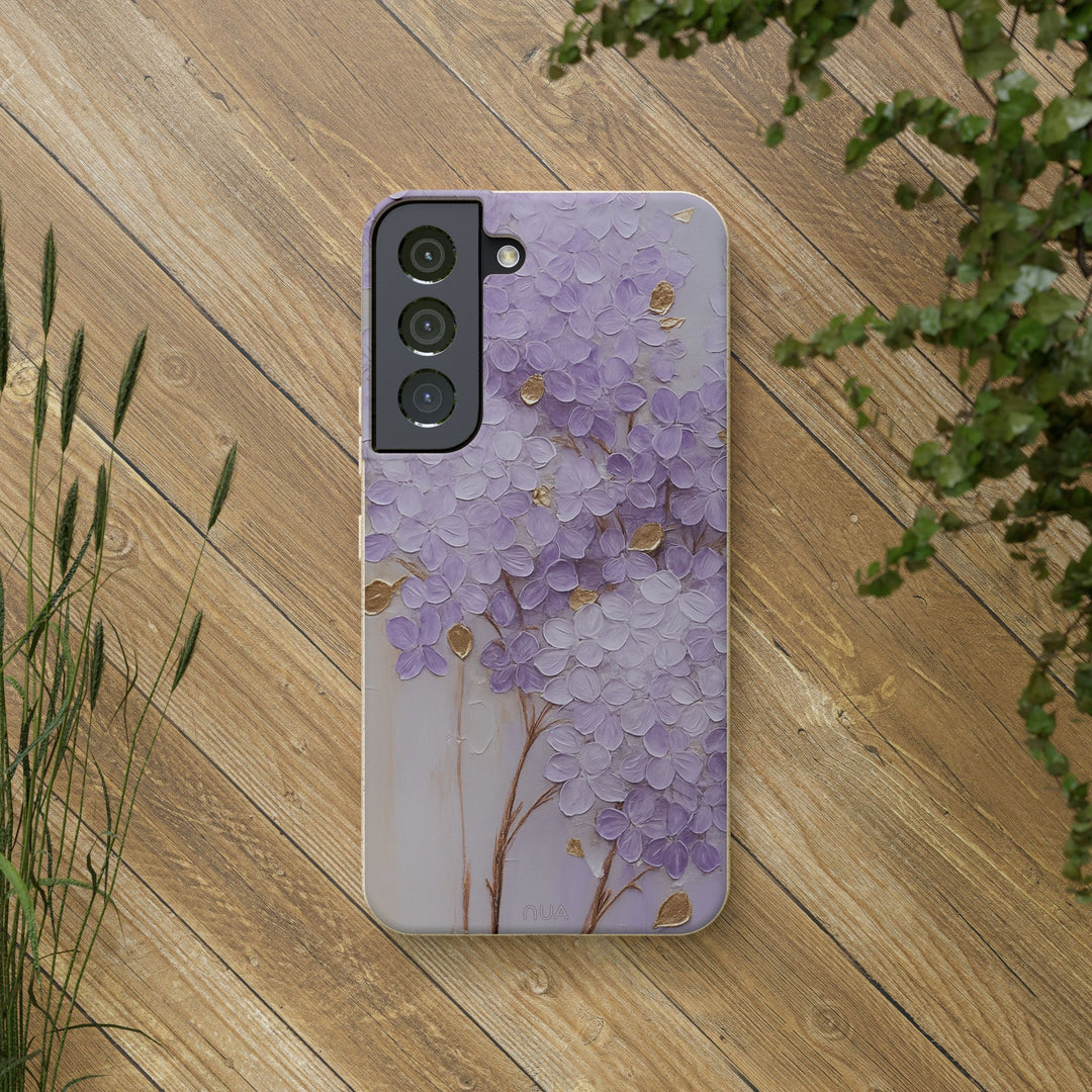 Eco-friendly Samsung phone cover with lavender & gold blossom design, durable PLA plant polymer, fits many models, nature-inspired.
