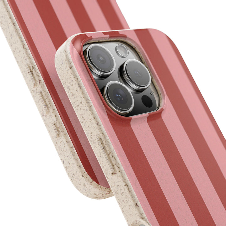 Eco-friendly pink striped iPhone case with durable, biodegradable materials for many iPhone and Samsung models.