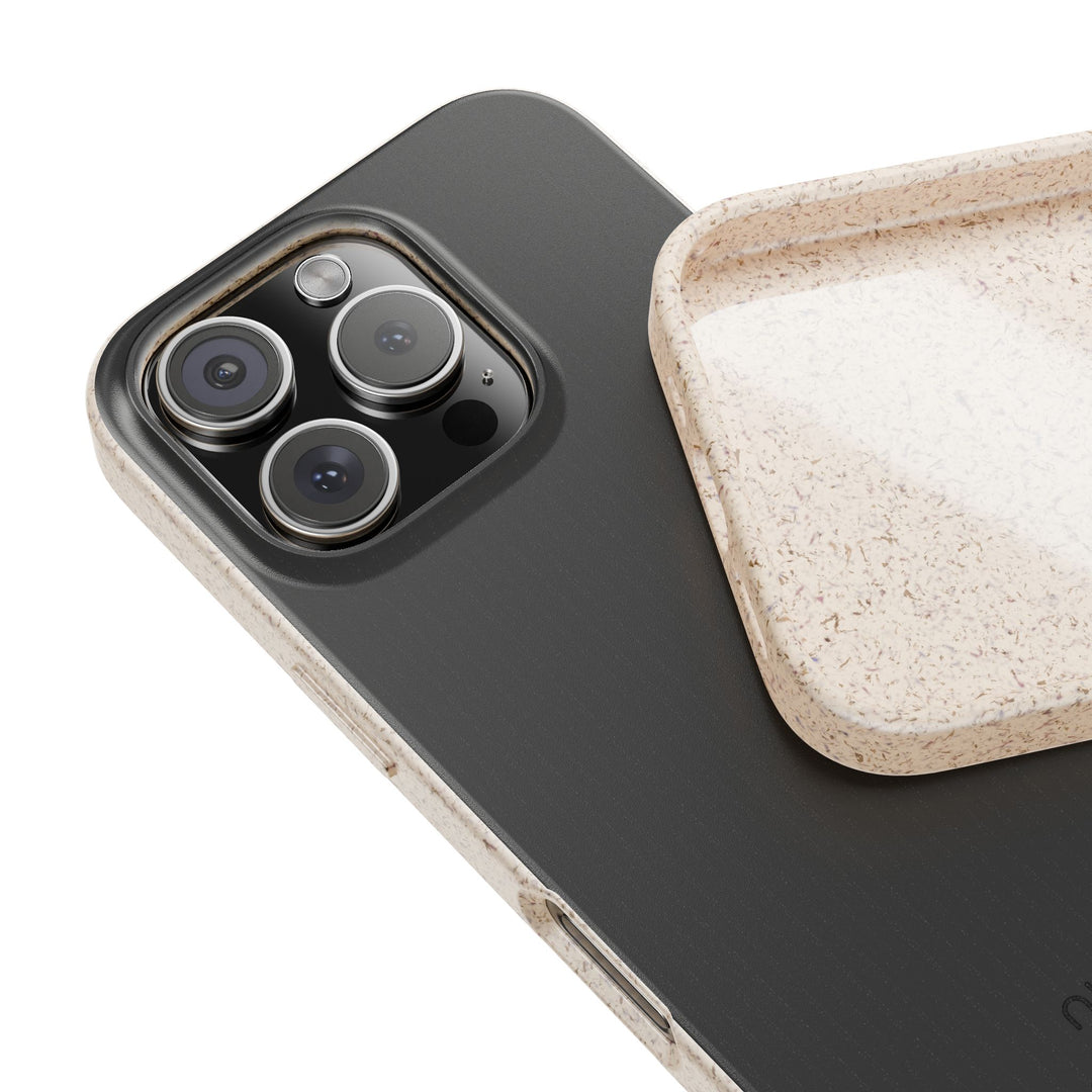 Close-up of sleek black eco-friendly phone case, durable and biodegradable, designed for iPhone and Samsung models.