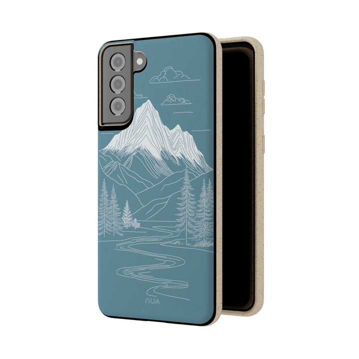 Eco-friendly Samsung case with white-on-blue mountain line art, durable and suitable for many models. Ideal for nature lovers.