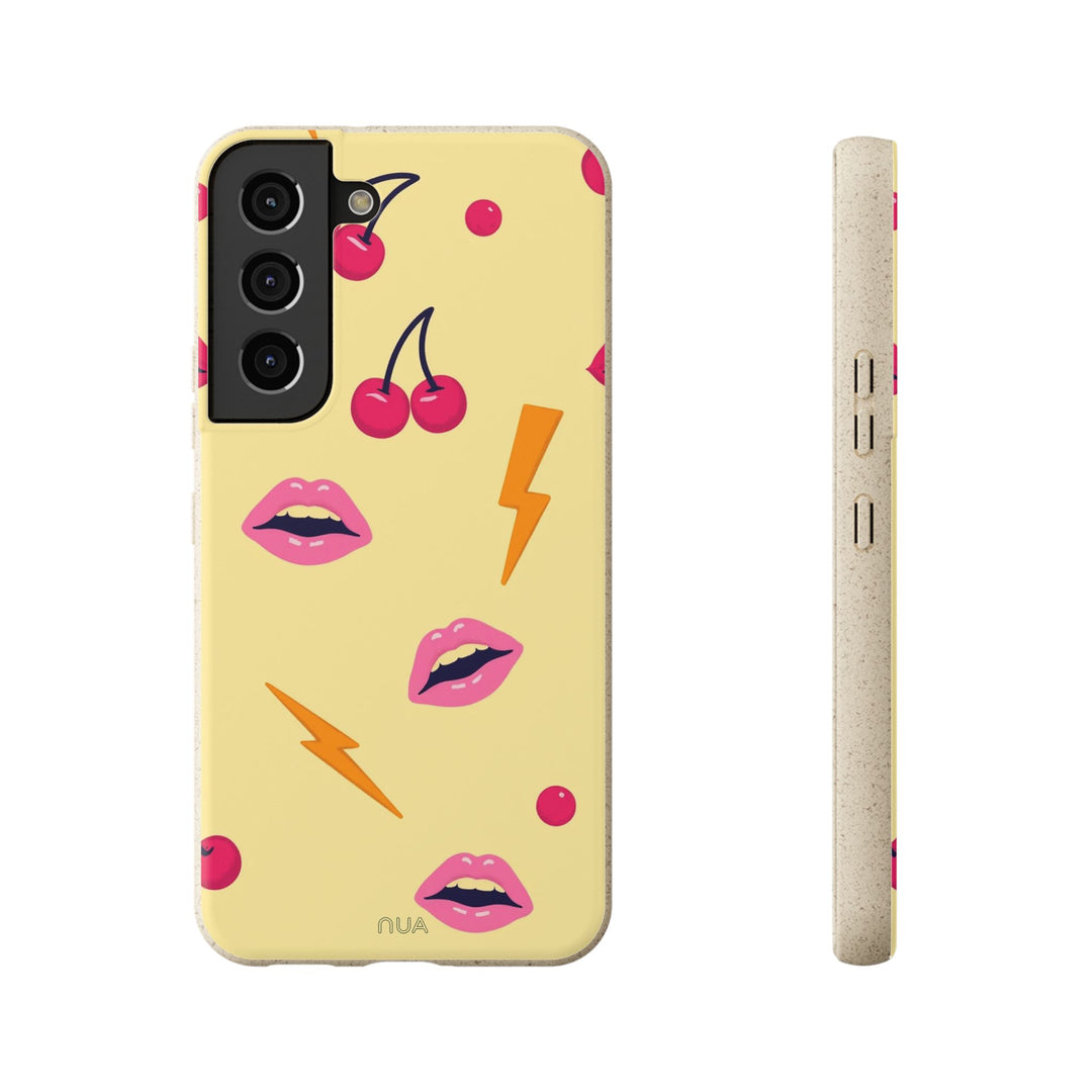 Eco-friendly Samsung case with vibrant lips, cherries, and lightning designs. Stylish, biodegradable protection for many phone models.