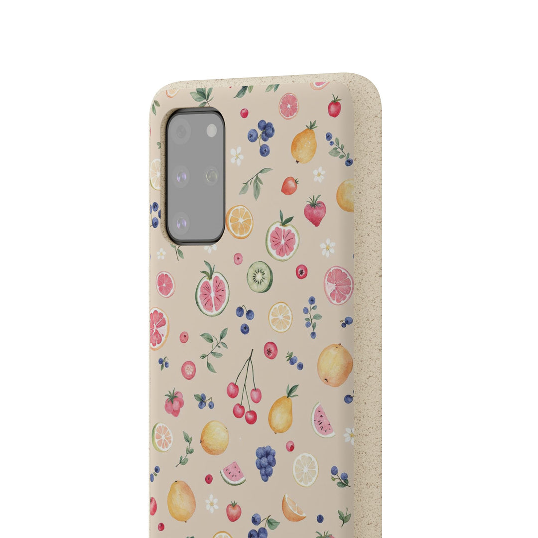 Vibrant eco-friendly Samsung case with fruit garden design, biodegradable and durable. Perfect for summer and many phone models.