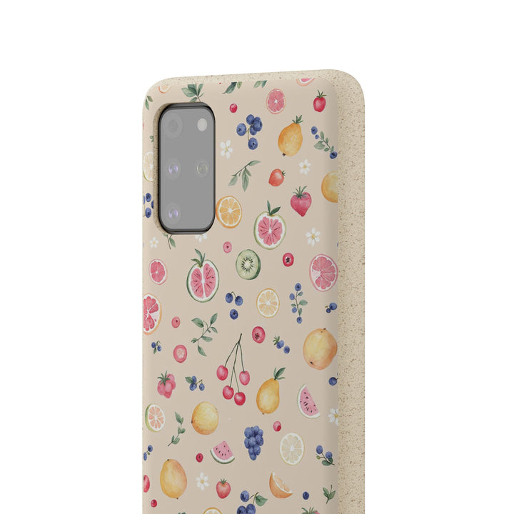 Vibrant eco-friendly Samsung case with fruit garden design, biodegradable and durable. Perfect for summer and many phone models.