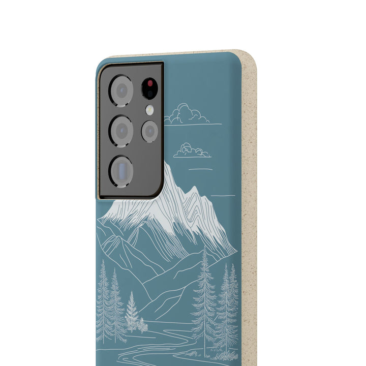 Eco-friendly Samsung case with minimalist white mountain art on blue; perfect for nature lovers and sustainable living.