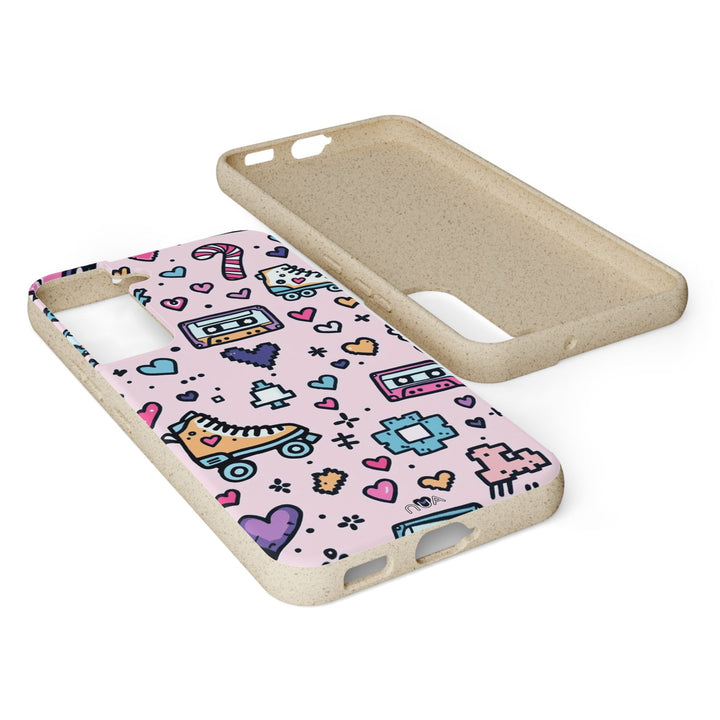Retro eco-friendly Samsung case with vibrant patterns, biodegradable and durable, fits many Samsung models