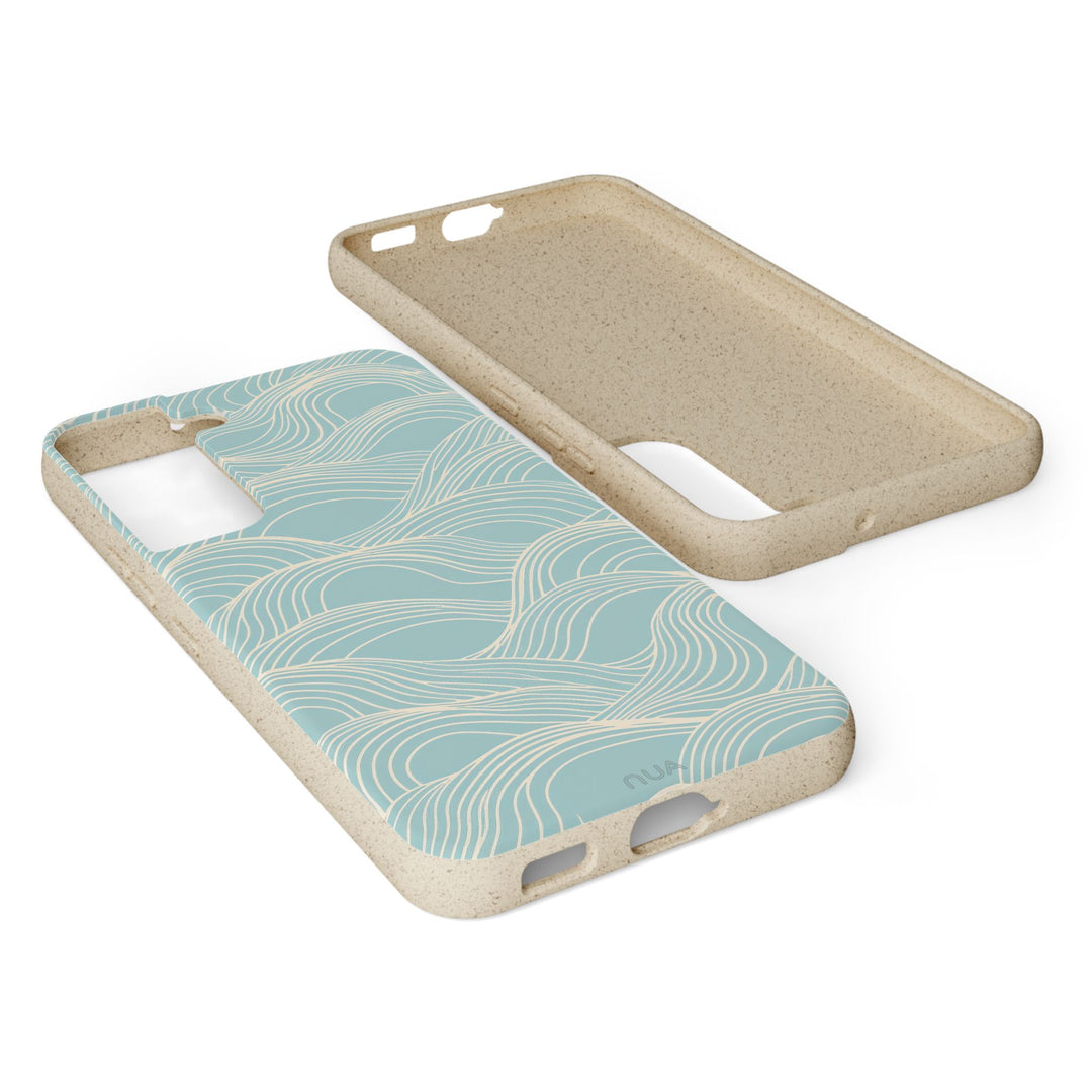 Eco-friendly Blue Wave Samsung Phone Case, durable and stylish with unique wave pattern for iPhone and Samsung models.