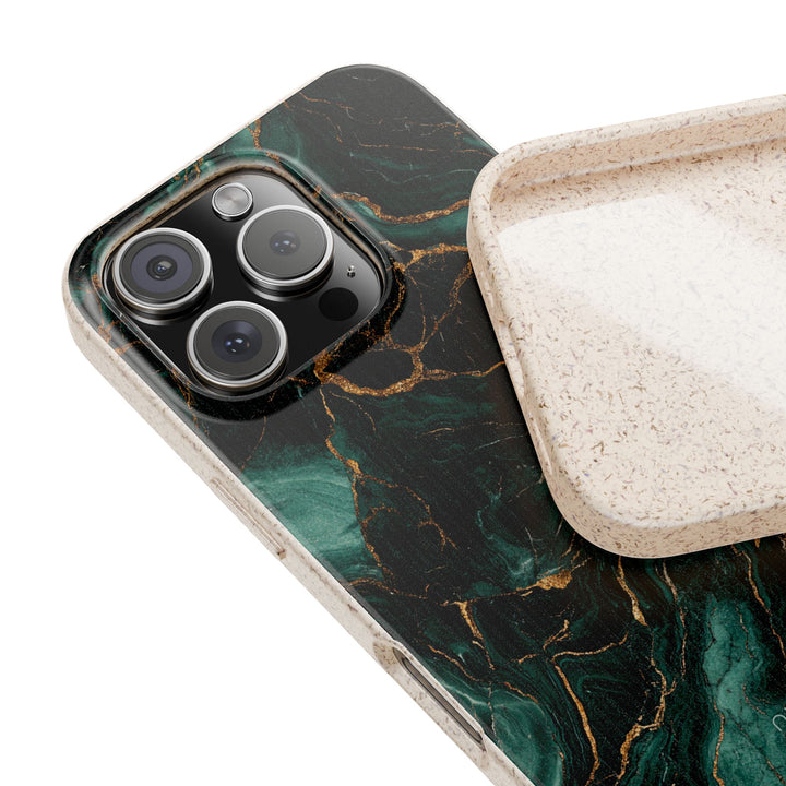Stylish eco-friendly green marble phone case with bamboo for iPhone and Samsung models, showcasing vibrant colors and a matte finish.