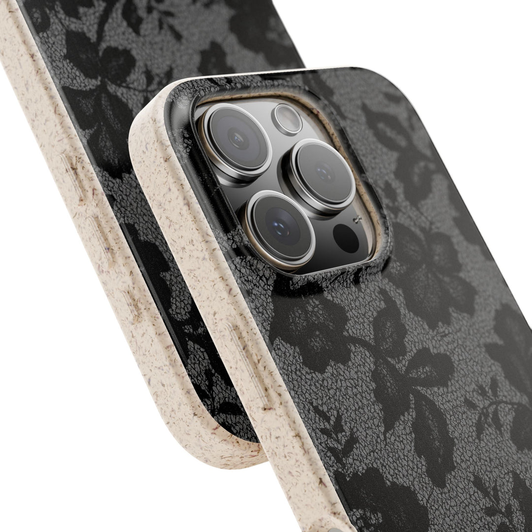 Elegant eco-friendly black lace floral iPhone case with durable design for many iPhone and Samsung models, matte and tactile finish.