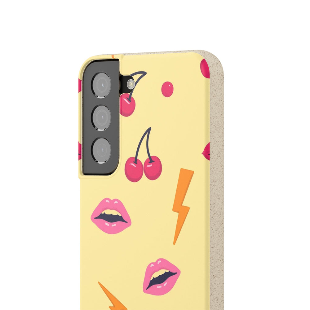 Eco-friendly Samsung case with bold lips and cherry design, showcasing stylish, durable protection for multiple phone models.