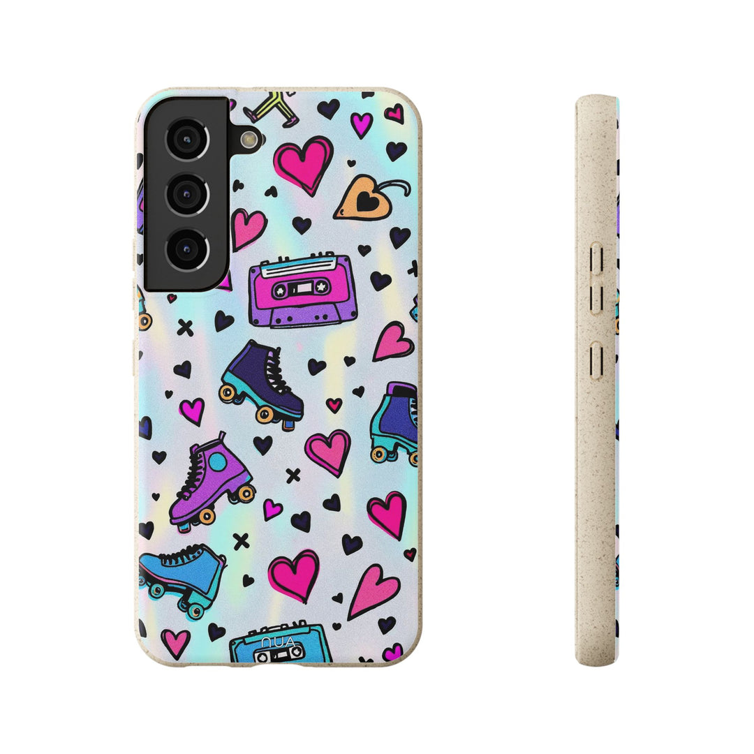 Colorful eco-friendly Samsung case with retro roller skates and cassette design, perfect for sustainable style lovers.