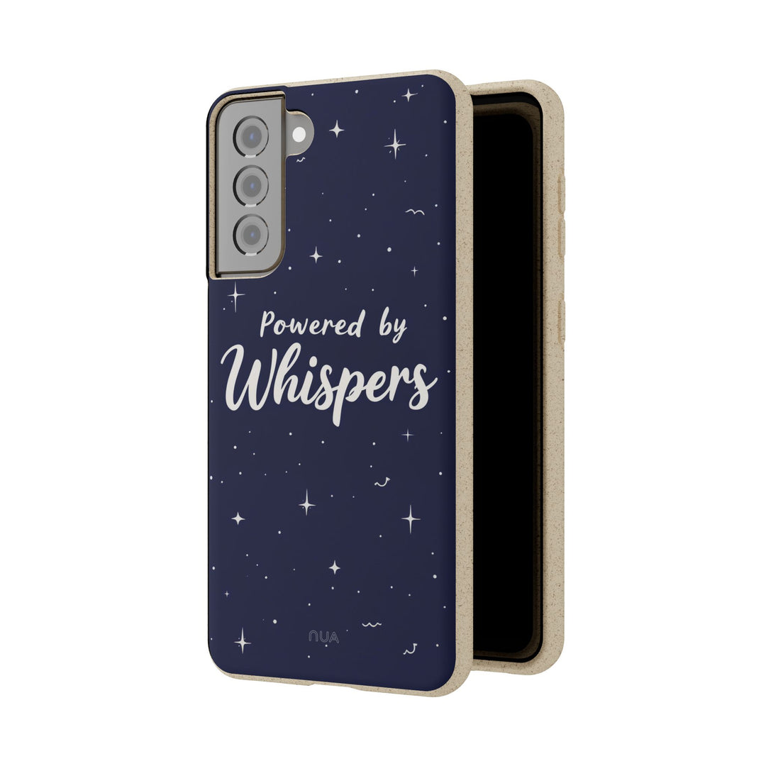 Eco-friendly Samsung case with 'Powered by Whispers' design, navy with stars, durable, biodegradable, for Samsung models.