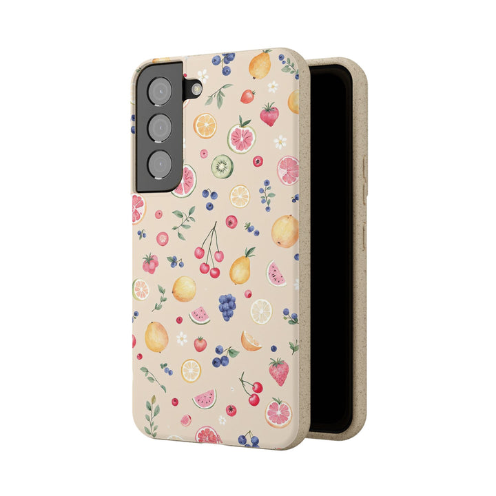 Eco-friendly Samsung case with vibrant fruit garden design, durable and biodegradable PLA plant polymer, suitable for various models.