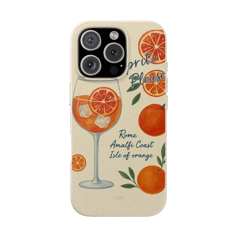 Spritz Please Cocktail iPhone Case with vibrant orange illustrations, eco-friendly and durable, fits many iPhone and Samsung models.