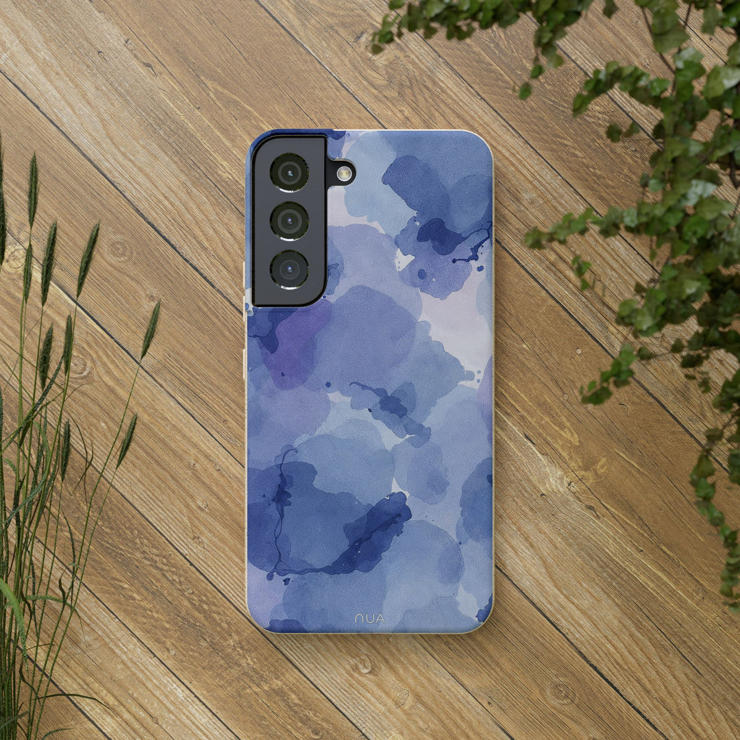 Artistic blue watercolor eco-friendly phone case for Samsung, durable and stylish, ideal for eco-conscious individuals.
