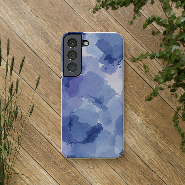 Artistic blue watercolor eco-friendly phone case for Samsung, durable and stylish, ideal for eco-conscious individuals.