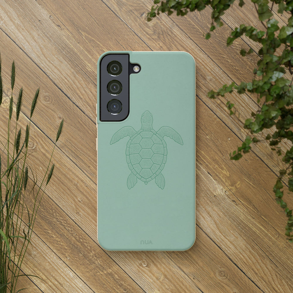 Eco-friendly Serene Turtle Samsung phone case on wooden background, highlighting style and durability for many phone models.