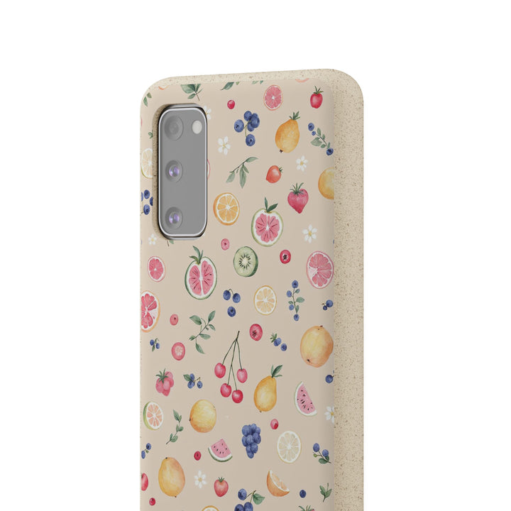 Eco-friendly Samsung case with vibrant fruit garden design, made from PLA and bamboo. Durable, stylish, perfect for summer and nature lovers.