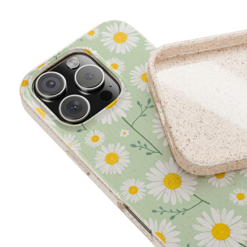 Eco-friendly daisy phone case with a biodegradable floral design, perfect for durable protection on iPhone and Samsung models.