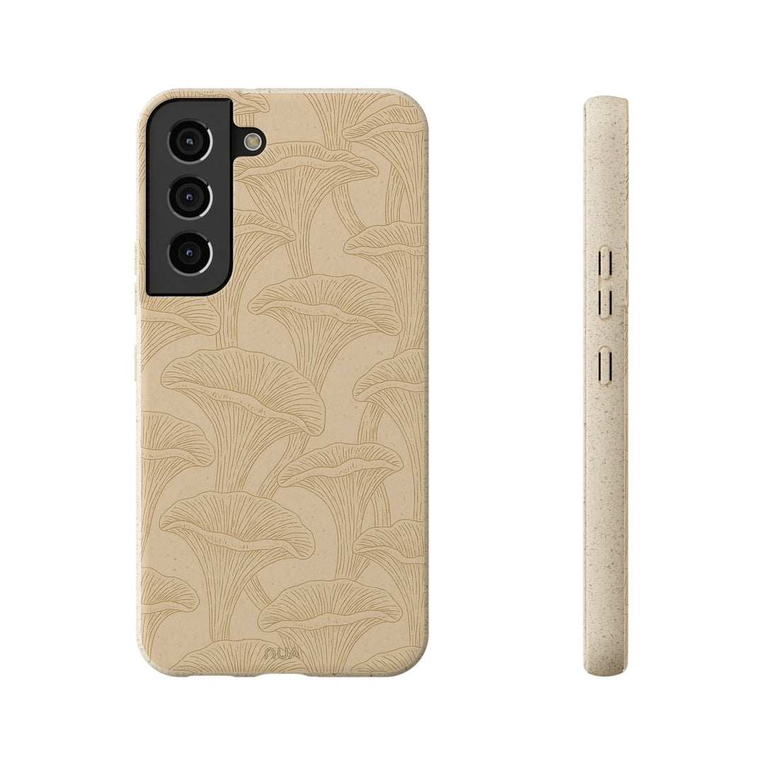 Eco-friendly mushroom design Samsung phone case, durable and biodegradable, suitable for many iPhone and Samsung models.