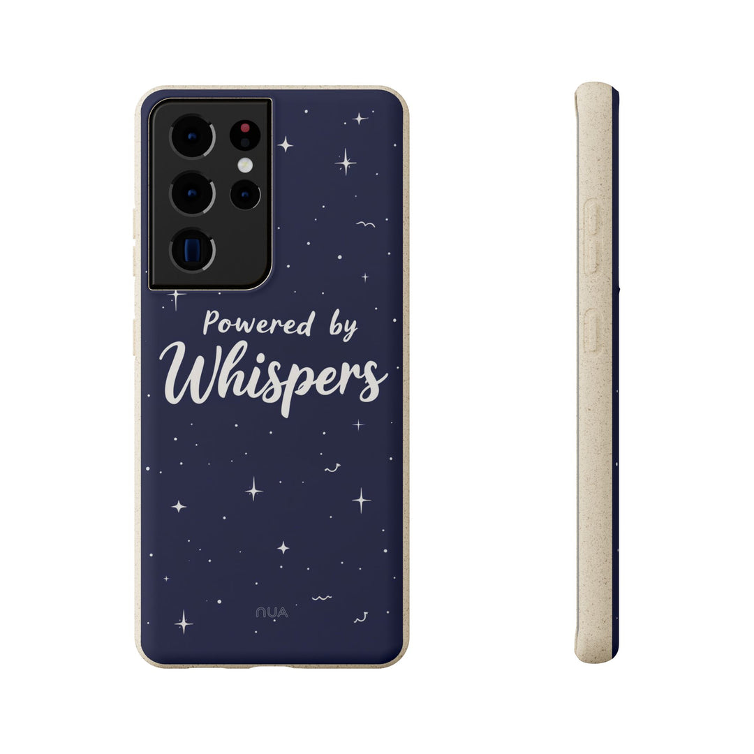 Eco-friendly Samsung case with 'Powered by Whispers' design, biodegradable and stylish. Fits various models. Durable and vibrant.