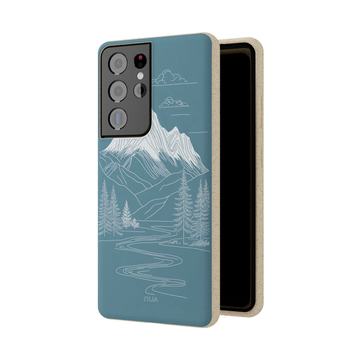 Eco-friendly Samsung case with minimalist mountain line art in white on blue. Durable, stylish, fits many iPhone and Samsung models.