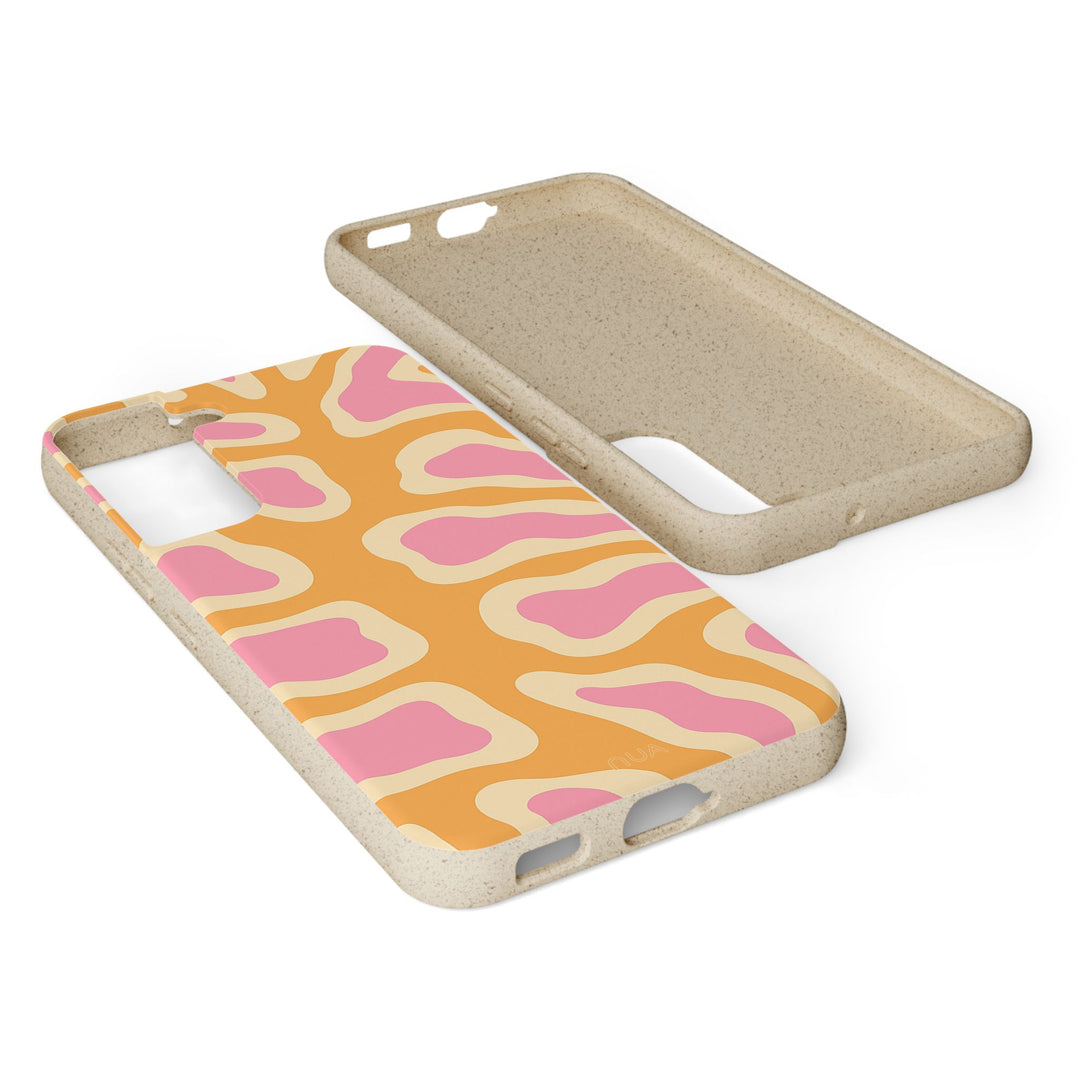 Eco-friendly Samsung case with bright retro abstract design, durable and biodegradable, fits many iPhone and Samsung models.