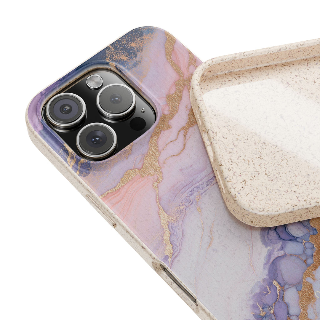 Lavender Marble eco-friendly phone case with vibrant colors, fitting many iPhone and Samsung models; perfect for sustainable style.