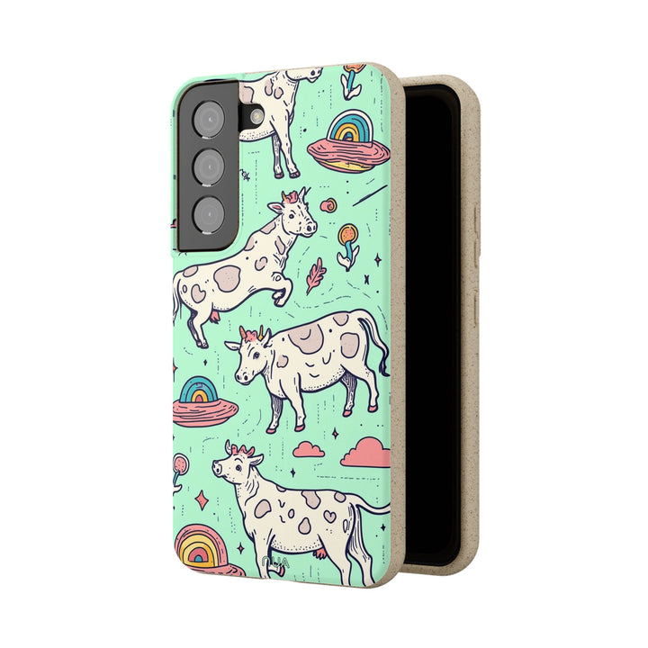 Eco-friendly Samsung case with whimsical cows and rainbows, perfect for various models, offering durable style for eco-conscious users.