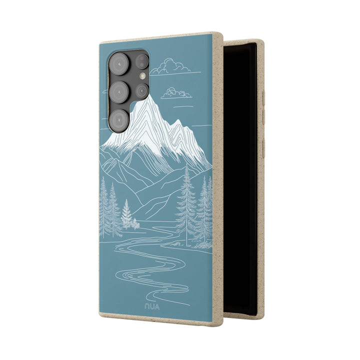 Eco-friendly Samsung case featuring minimalist white-on-blue mountain line art, ideal for nature lovers and outdoor enthusiasts.