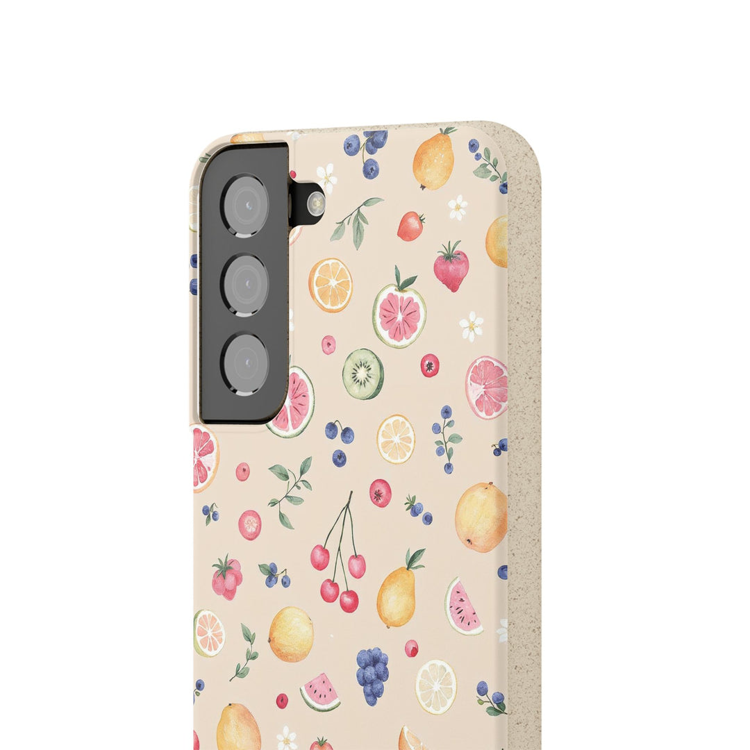Eco-friendly Samsung case with vibrant fruit garden design, made of PLA polymer and bamboo. Stylish and biodegradable for nature lovers.