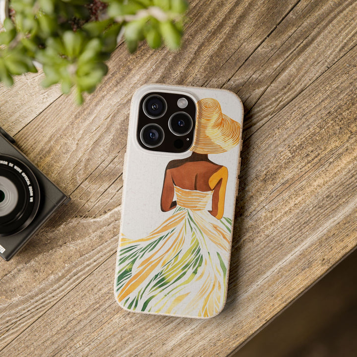 Eco-friendly iPhone case with summer design on wooden table. Durable PLA and bamboo material suitable for various phone models.