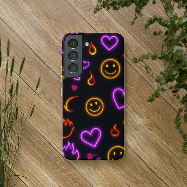 Eco-friendly Samsung case with vibrant emoji and flame design, perfect for style and impact protection on many phone models.