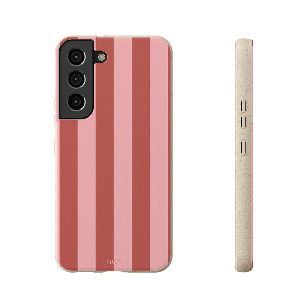 Eco-friendly pink striped Samsung case, biodegradable and stylish with a smooth finish, fitting many phone models for sustainable choices.