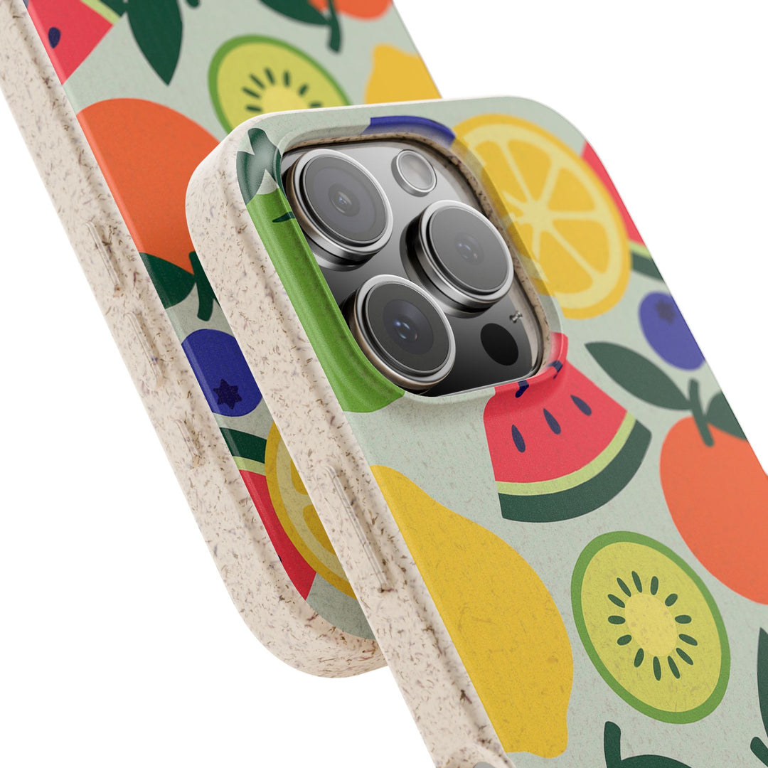 Eco-friendly vibrant iPhone case with fruity design, highlighting stylish impact-absorbing features; perfect for environmentally conscious users.