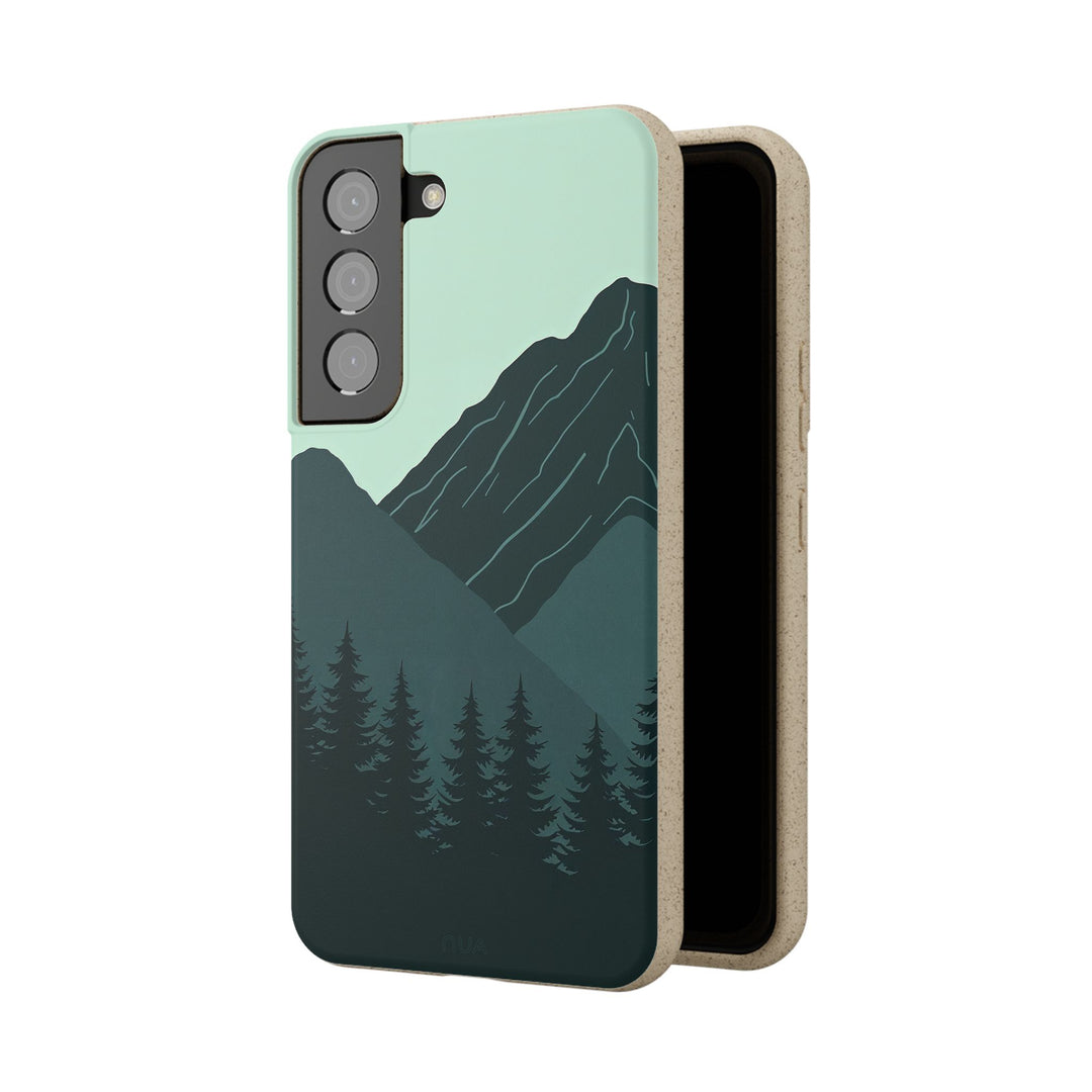 Eco-friendly Samsung phone case with green mountain design. Durable and stylish, fits many iPhone and Samsung models.