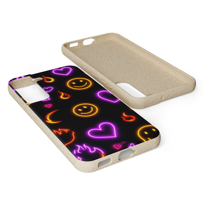 Eco-friendly Samsung phone case with vibrant emoji and flame design, durable and compatible with various models. Sustainable style.