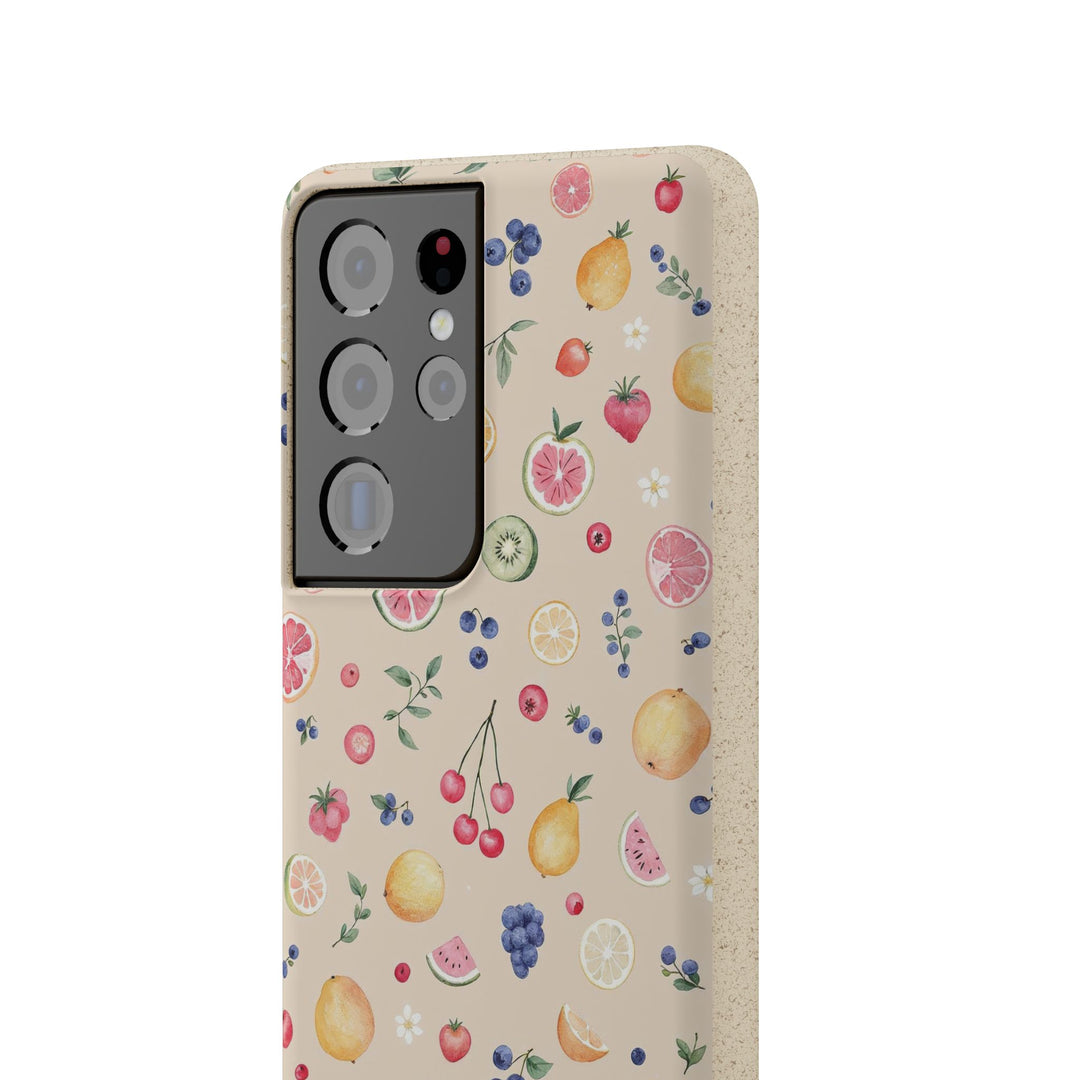 Eco-friendly Samsung case with vibrant fruit garden design, biodegradable PLA and bamboo fibre. Durable for many phone models.