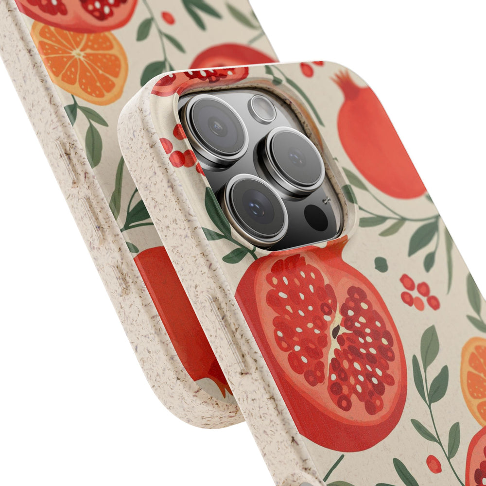 Eco-friendly Juicy Delight iPhone case with vibrant fruit design, PLA plant polymer, bamboo binder, durable for many models.